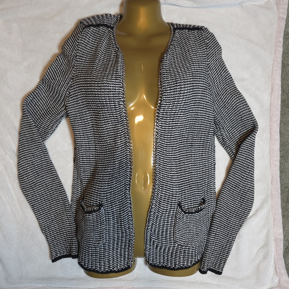 H & M Women's Knitted Stripe Open Blazer Jacket  With Silver Chain Detail Size M